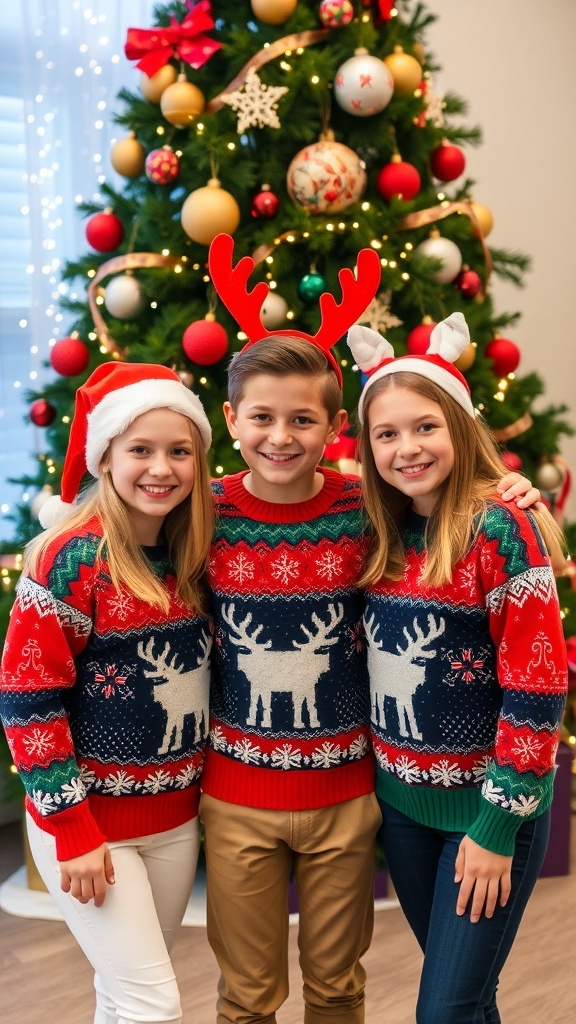 A trio of friends in matching Christmas sweaters with Santa hats and reindeer antlers in front of a decorated Christmas tree.